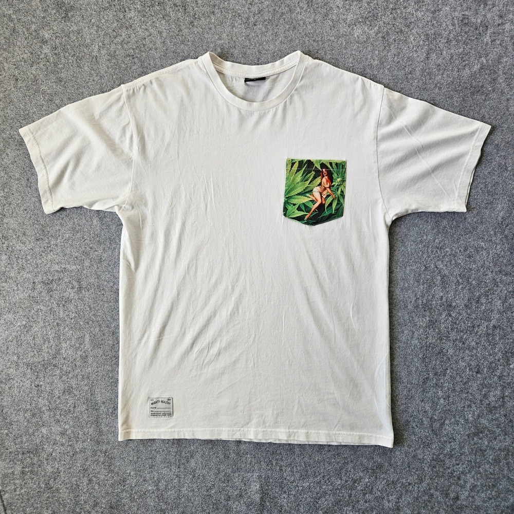 Mighty Healthy NY Mens White Pocket T-Shirt Pinup Girl Weed Leaf Graphic Size M